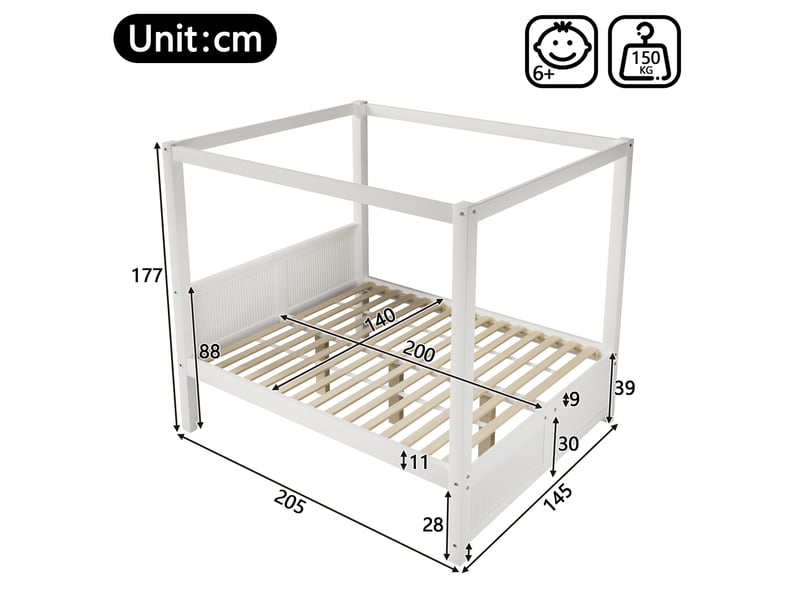  Lit baldaquin 140 x 200 cm blanc en bois et mdf avec cadre de toit décoratif  - Conforama E