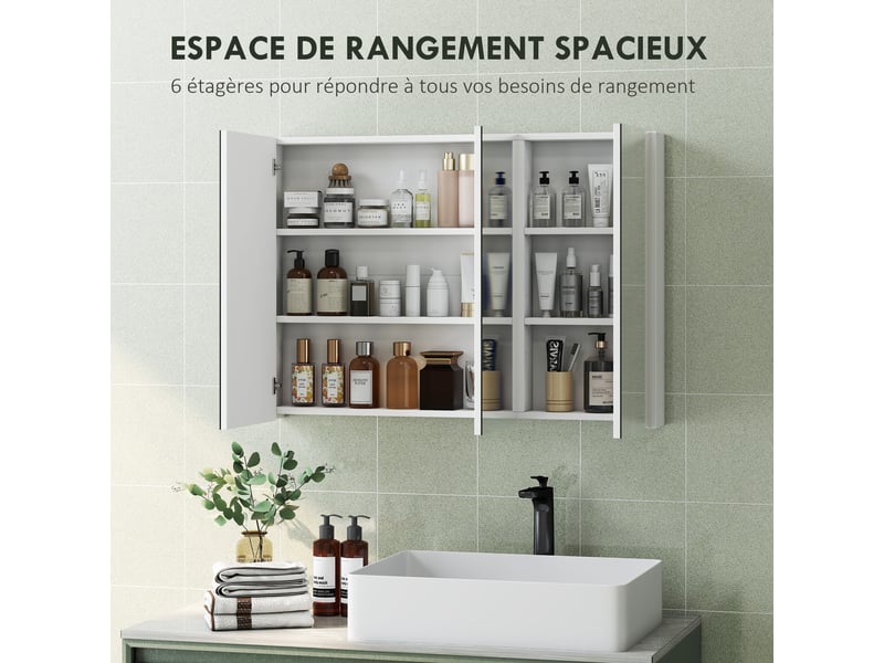  Armoire murale salle de bain avec miroir, armoire de toilette 3 portes miroir, étagères réglables, blanc, 91,5x11,5x65cm  - Conforama D