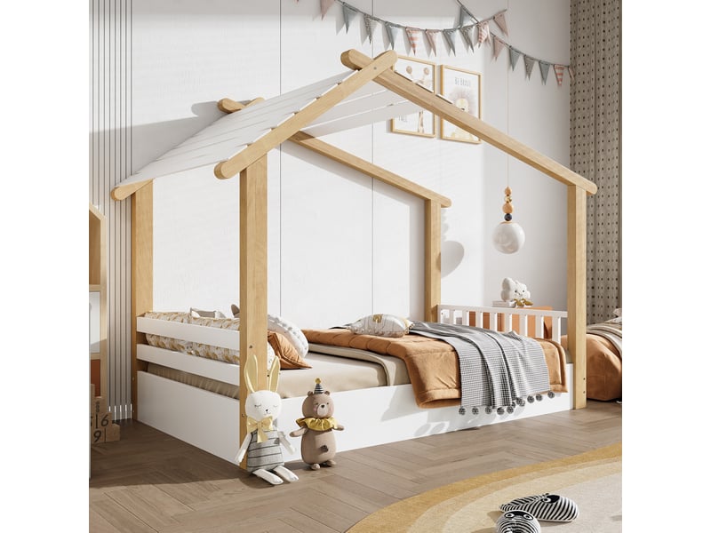  Modenvie lit cabane enfant 90x200 cm - sommier à lattes inclus, sans matelas - blanc et naturel  - Conforama B