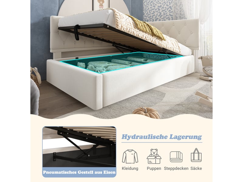  Lit banquette 90x200 avec coffre de rangement hydraulique, cadre de lit en velours beige et tête de lit réversible  - Conforama W