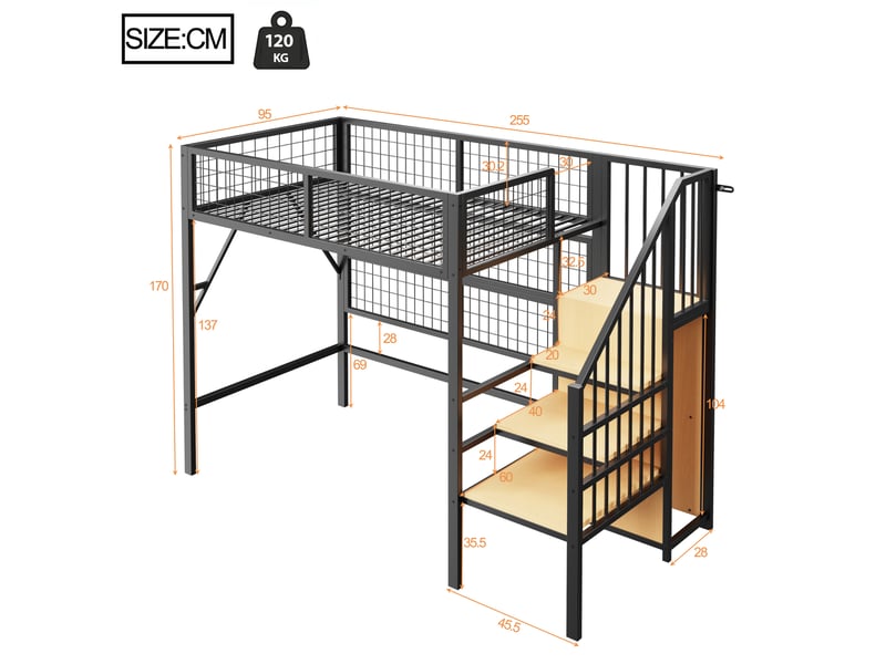Lit mezzanine 90 x 200 cm, escalier, penderie ouverte, éclairage led intégré, commande par application, pour aménager la chambre, métal, noir ABC - Conforama C