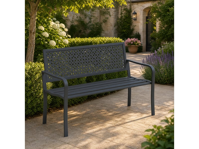 Banc de jardin 2 places 127 x 61 cm – gris foncé – acier traité contre la rouille avec accoudoirs - Conforama B