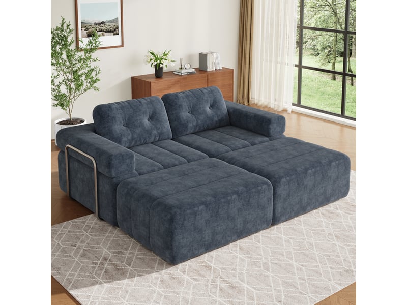  Canapé d’angle modulable 4 places en chenille bleu, 258 × 165 × 79 cm IKSETERA TRADING LTD - Conforama E