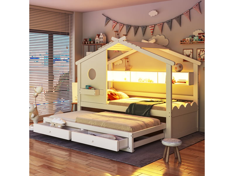 Lit cabane enfant 90 x 200 cm blanc lit gigogne 90 x 190 cm design maison led usb-c 2 tiroirs étagères et rangements sans matelas - Conforama D