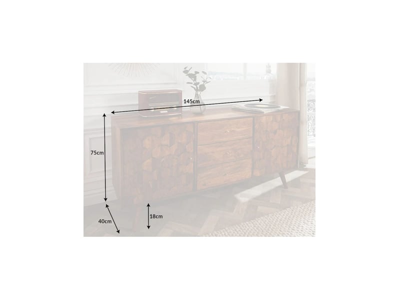  Buffet scani 145 cm en bois massif de sheesham verni – 2 portes sculptées et 3 tiroirs  - Conforama C