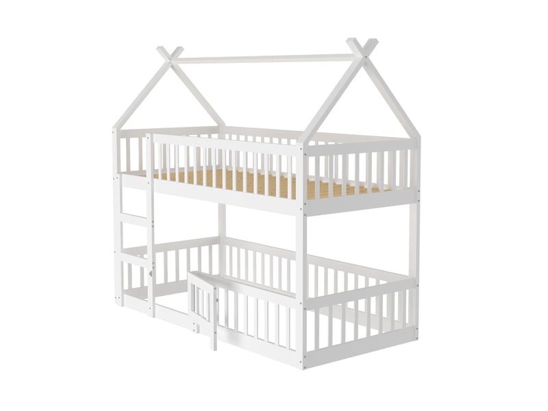  Lit superposé 90x200cm, lit enfant, lit cabane avec escalier, barrières et 1 sommier, bois+mdf, blanc, sans matelas  - Conforama A