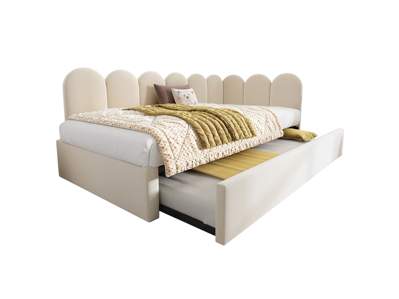  Lit banquette gigogne 200×90 cm et 190×90 cm avec couchage coulissant, revêtement en velours beige, sans matelas  - Conforama A