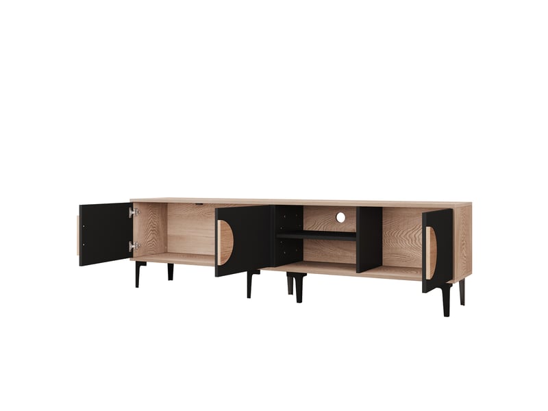  Meuble tv noir en bois 180x35x49 cm, 2 portes, étagères ouvertes, salon, compatible tv jusqu'à 80 pouces  - Conforama E