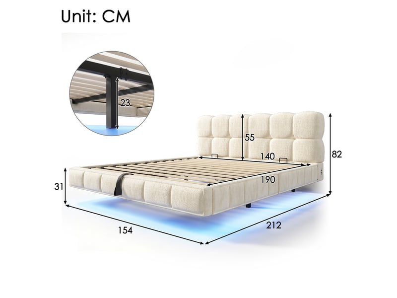 Lit coffre rembourré 140 x 190 cm, design flottant effet nuage, rangement hydraulique, led, usbtype-c, revêtement en chenille, beige Bliss Lite - Conforama C