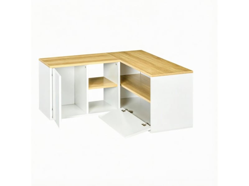  Banc tv d'angle 90 x 90 x 45 cm - blanc et bois clair - 5 espaces de rangement d'inspiration scandinave  - Conforama A