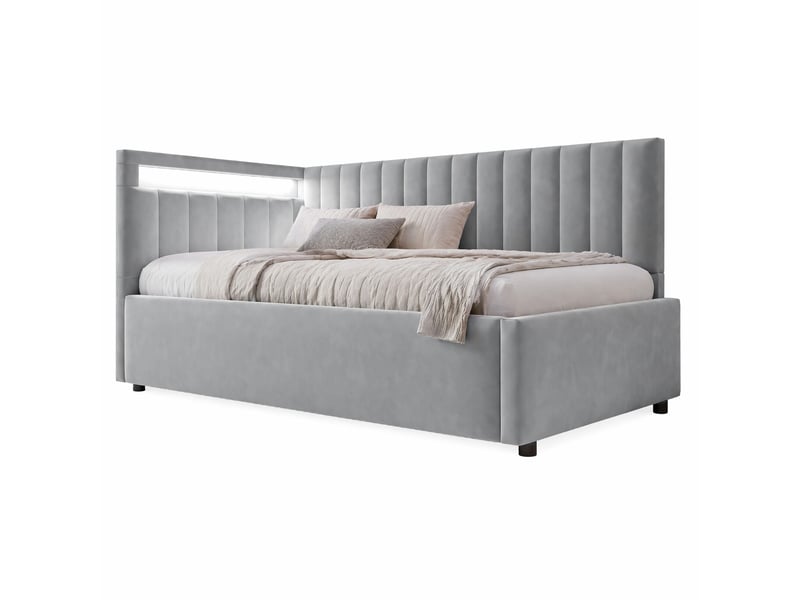  Lit banquette 1 place en velours gris avec coffre hydraulique, led et dossier réversible, 90x200 cm, sans matelas  - Conforama A