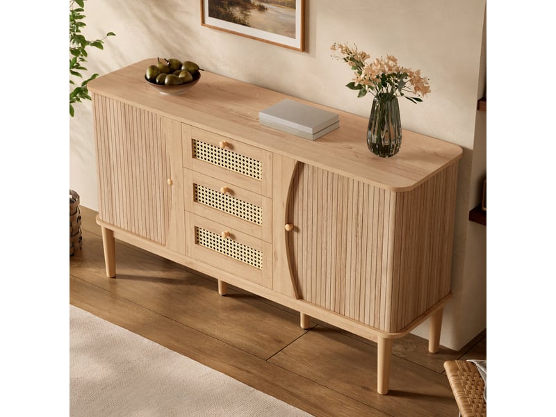 Buffet 3 tiroirs en rotin, portes coulissantes et étagères réglables - lpospi - mdf naturel 141 × 40 × 77 cm  - Conforama C