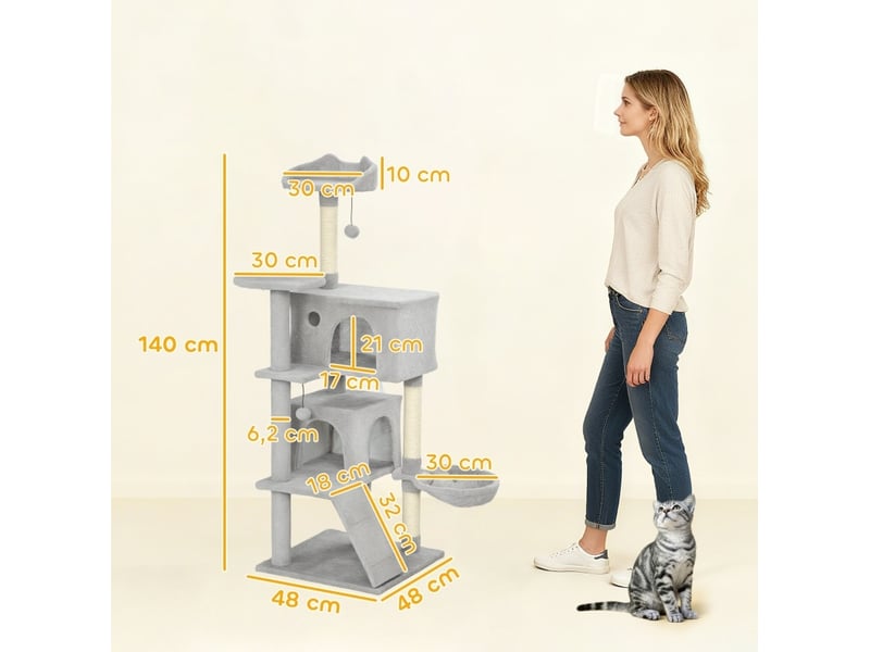  Arbre à griffer 140 cm avec niches, hamac et plateformes gris evryae  - Conforama C