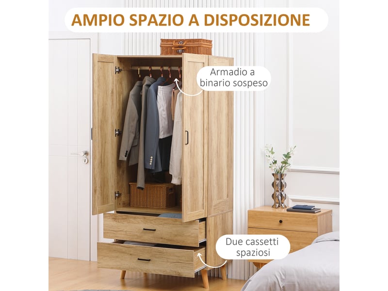  Armoire 2 portes avec 2 tiroirs et penderie, 80 x 54 x 180 cm, en bois  - Conforama D