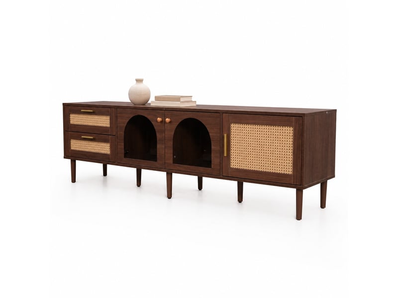  Meuble tv 180x40x50 cm avec led, 2 tiroirs en rotin, panneaux de particules marron  - Conforama A