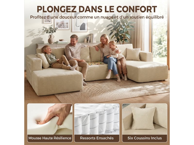  Canapé modulaire en u compressé 337 cm, canapé convertible 4 places en velours côtelé, crème, assise large  - Conforama D