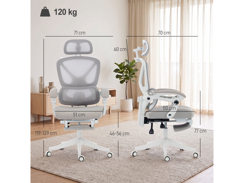  Chaise bureau ergonomique avec appui-tête réglable, fauteuil de bureau inclinable en maille, dossier séparé, gris  - Conforama C