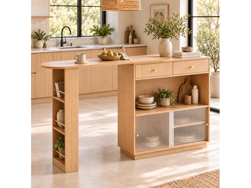  Îlot de cuisine 120x30x100 cm extensible pivotant à 360° coloris chêne clair  - Conforama D