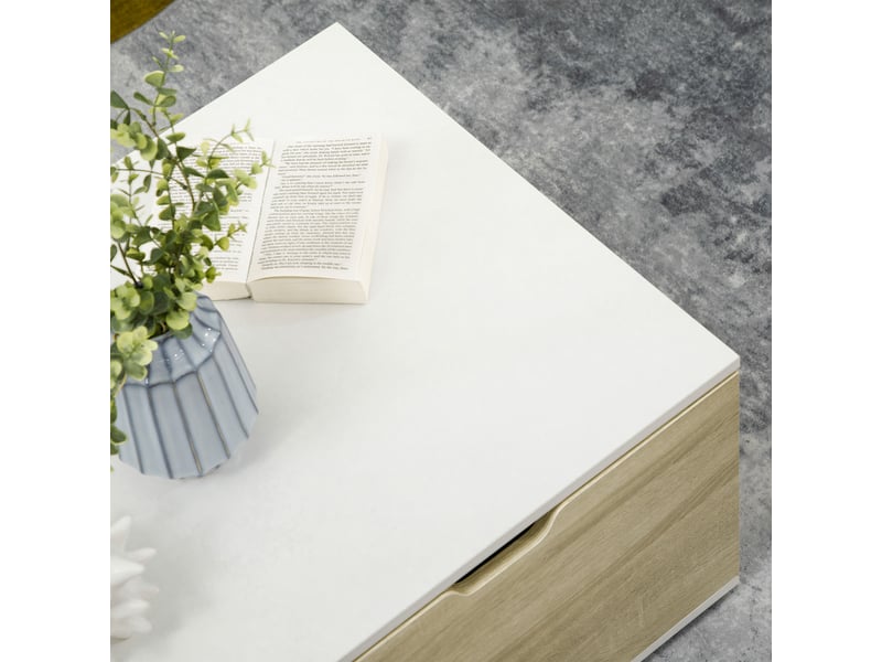  Table basse rectangulaire design contemporain 2 tiroirs 2 niches étagère verre trempé panneaux blanc aspect chêne clair  - Conforama W
