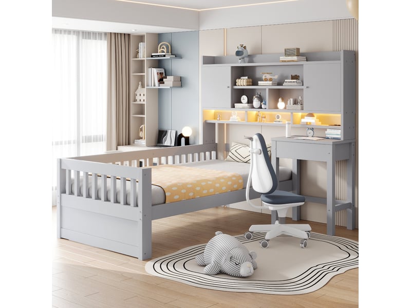  Lit enfant 90 × 200 cm avec bureau à tiroirs, rangements en tête de lit, led, prise et barrières, gris et blanc  - Conforama B
