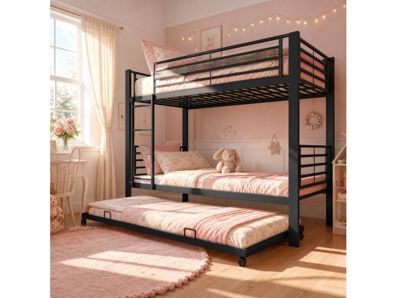  Lit superposé enfant 90x200 cm en métal noir avec lit gigogne et échelle  - Conforama E