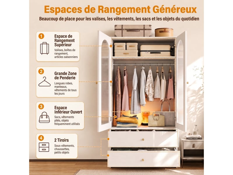  Armoire penderie grise 90x50x200 cm à portes battantes avec porte-pantalons extensible et 4 compartiments  - Conforama R
