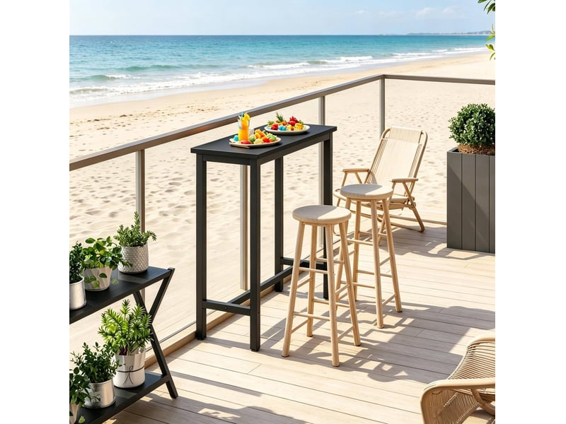  Table de bar rectangulaire avec structure métallique et plateau en bois noir style industriel pour cuisine et salon  - Conforama D
