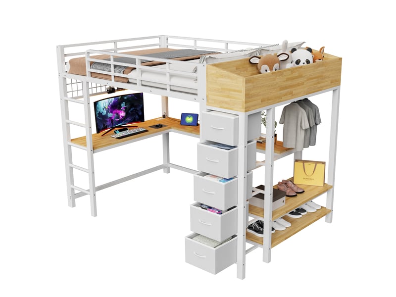  Lit mezzanine gaming 140 x 200 cm avec grand bureau, led multicolore, prises usbusb-c, 5 tiroirs en tissu et penderie en métal blanc sans matelas  - Conforama W