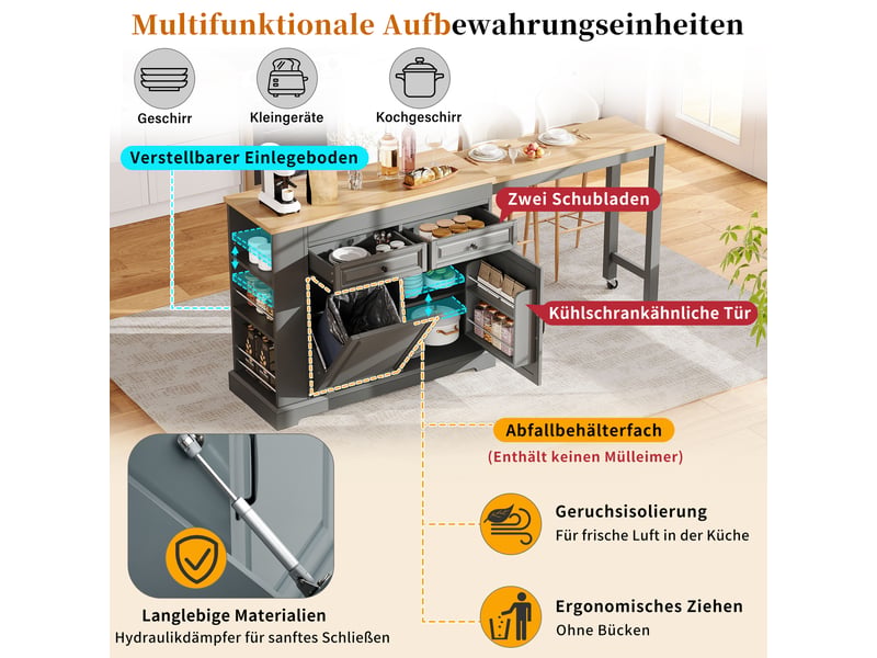  Îlot de cuisine sur roulettes plateau extensible 112-180 cm meuble poubelle 2 tiroirs gris  - Conforama E