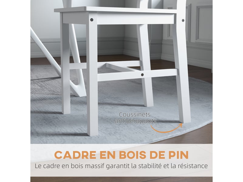  Lot de 2 chaises de salle à manger en bois massif de pin chaise de cuisine dossier lattes campagne esprit blanc  - Conforama R