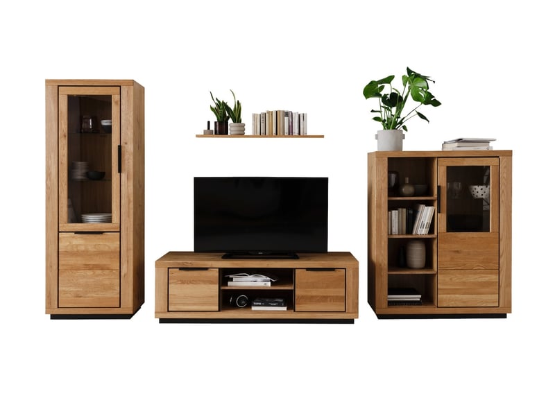  Ensemble salon de 4 pièces composé de meuble tv, vitrine haute étagère et vaisselier coloris chêne massif  - Conforama B