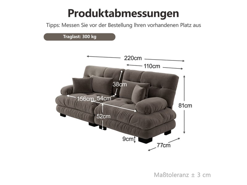  Canapé d'angle cloud 2 places chenille marron, 2 coussins lombaires + 2 décoratifs, structure bois massif, 220x77x81cm  - Conforama C