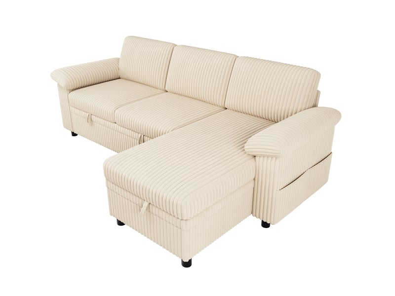  Canapé d'angle convertible en velours côtelé beige avec coffre  - Conforama A