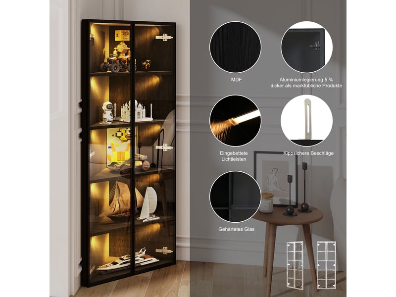  Vitrine d’angle led 62 × 35 × 160 cm, avec 2 portes en verre trempé, étagères ouvertes, meuble de rangement, noir, format compact, finition soignée CARDUME ESTIVAL - Conforama E
