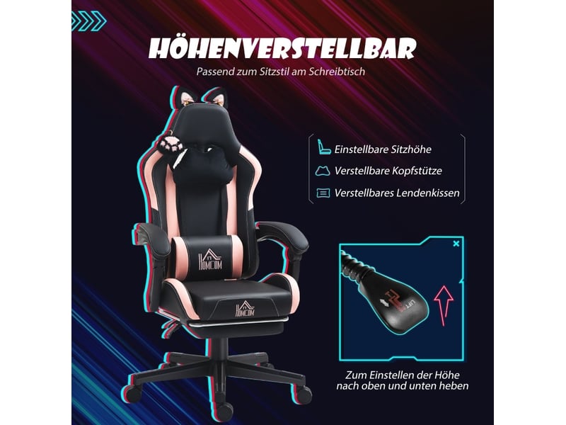 Fauteuil gaming à oreilles de chat rose et noir, dossier inclinable 135° et repose-pieds extensible, jusqu'à 120 kg - Conforama E