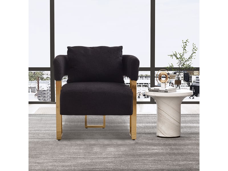 Fauteuil de salon en sherpa et métal doré - 66 x 62 x 68 cm-noir - chaise de relaxation une place avec coussin et pieds dorés - Conforama C