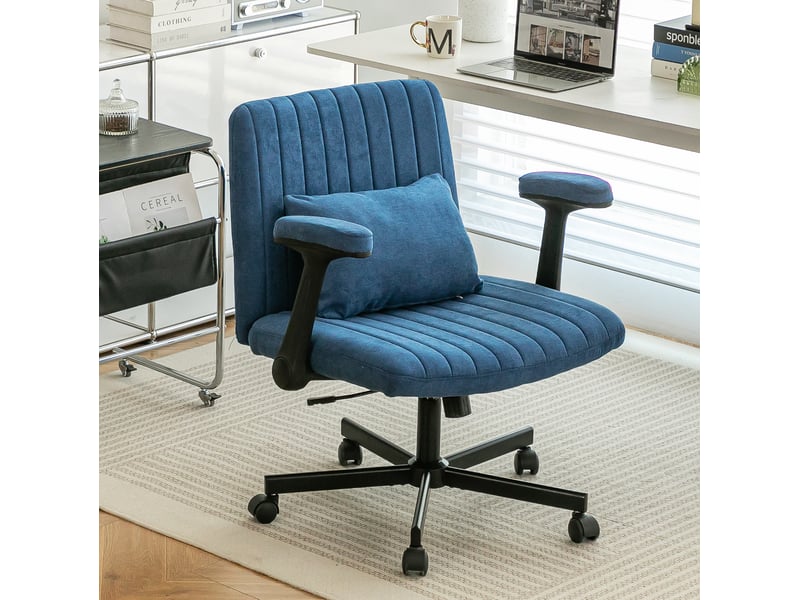  Fauteuil de bureau en velours bleu, réglable en hauteur, pivotant avec accoudoirs relevables et roulettes silencieuses  - Conforama B