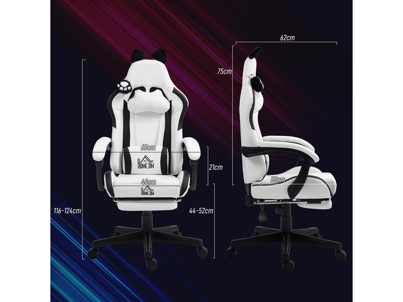  Chaise gaming ergonomique avec oreilles de chat, fauteuil gamer avec dossier inclinable, 65 x 62 x 124 cm, blanc  - Conforama E