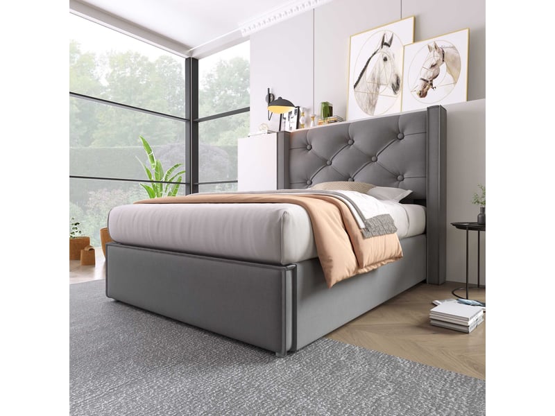  Lit coffre 90x200 cm, rangement hydraulique, sommier à lattes, tête de lit capitonnée, coton gris C-DEGAYUN - Conforama B