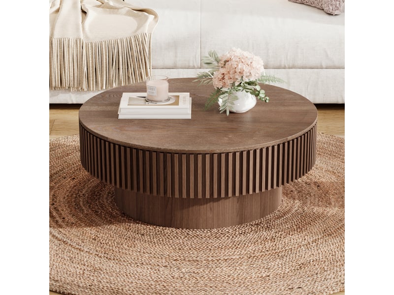  Table basse de salon, 75 cm, forme ronde, avec rangement, en bois massif et placage bois, coloris noyer, pour salon, chambre et bureau  - Conforama D