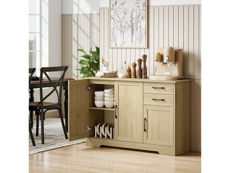  Buffet 3 portes avec 2 tiroirs et étagère réglable, 120x38x79 cm, bois naturel et noir 838-587V00ND - Conforama B