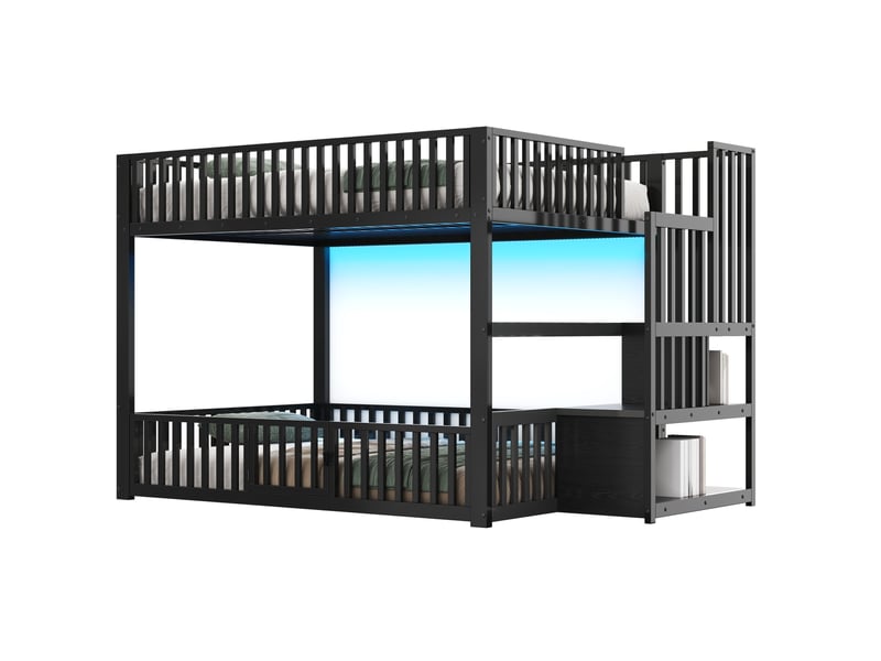 Lit superposé enfant 140x200 cm noir avec escalier de rangement et led - Conforama A