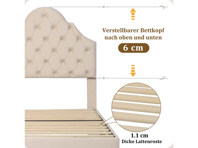  Cadre de lit 90x200 cm avec sommier à lattes inclus, tête de lit rembourrée beige  - Conforama C