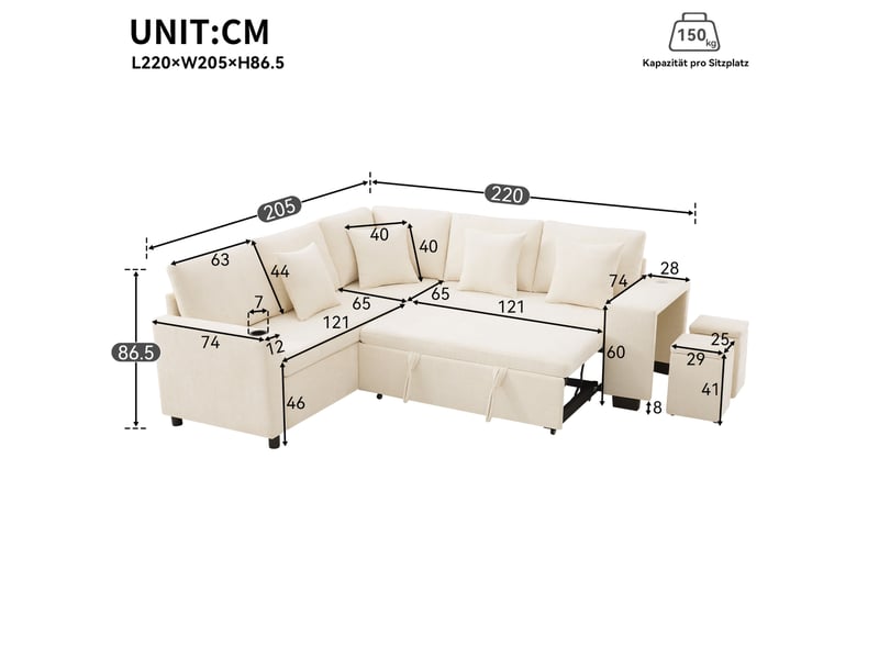  Canapé d'angle convertible avec rangement, fonction couchage, porte-gobelets, usb et usb-c, en chenille beige  - Conforama E