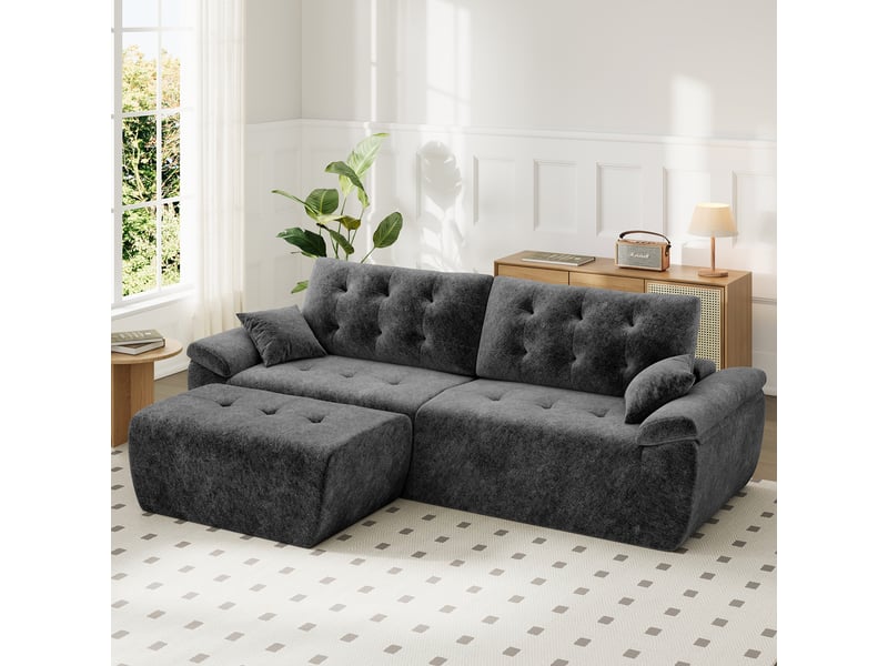  Canapé modulable en chenille gris mousse haute densité avec pouf,canapé salon 275cm style nuage confortable,compressé sans montage 275x174x66CM - Conforama B