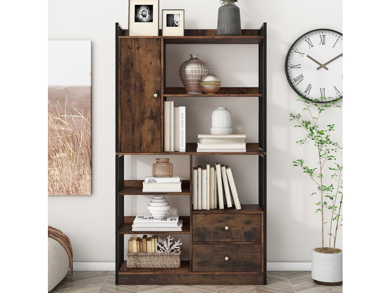  Bibliothèque de livres 6 étagères avec portes et tiroirs, industrielle, bois brun  - Conforama B