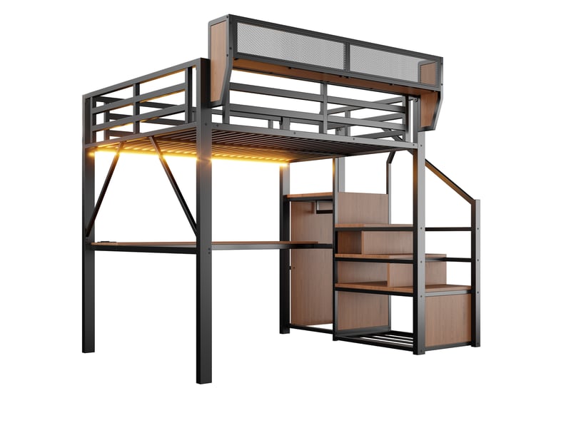  Lit mezzanine 140x200cm - lit double 140x200 en métal avec bureau, escalier de sécurité et éclairage led rgb - noir  - Conforama A