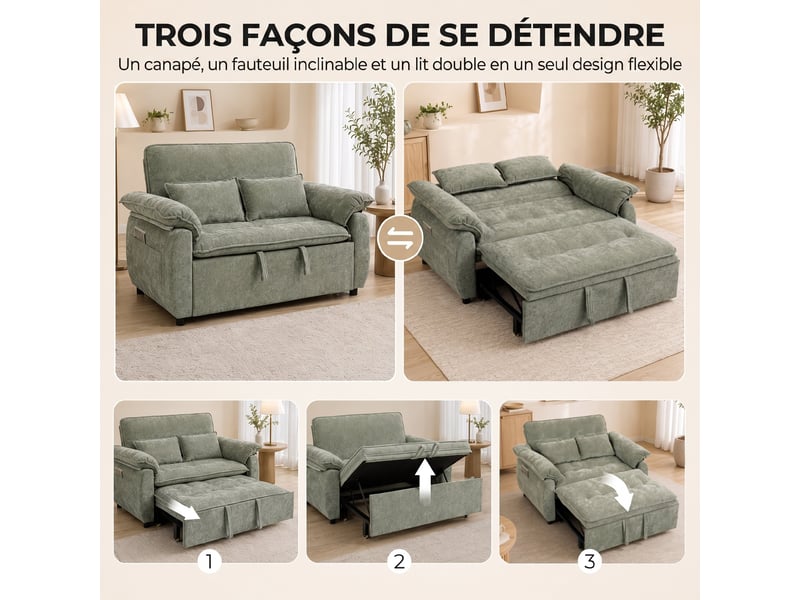  Canapé convertible 2 places, canapé-lit 3 en 1 velours 137 cm, dossier réglable, 2 oreillers, assise large, vert  - Conforama A
