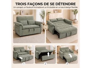 Canapé convertible 2 places, canapé-lit 3 en 1 velours 137 cm, dossier réglable, 2 oreillers, assise large, vert