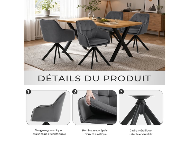  Ensemble table et 4 chaises - table rectangulaire 160x80 cm monobloc en chêne sauvage et pieds métal, 4 chaises en velours gris foncé et pieds métal  - Conforama R